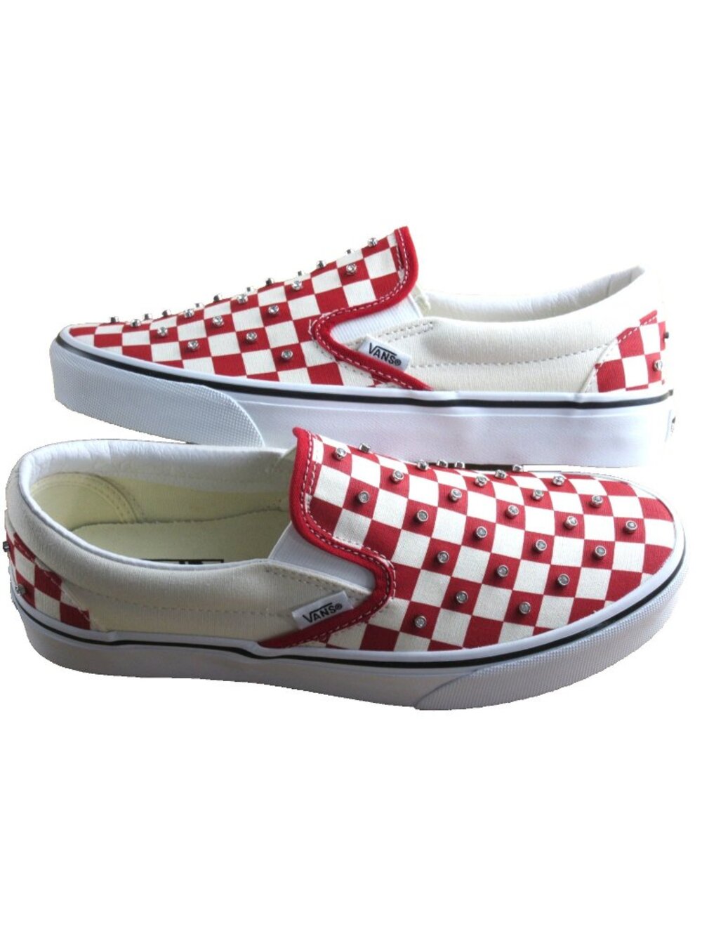 Vans Women's Classic Slip On Checkerboard Rhinestone Red White Shoes Size 8.5